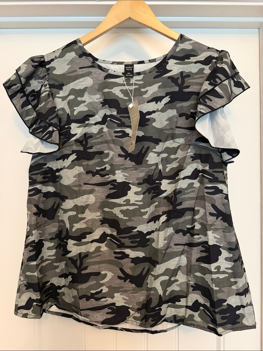 Emily Rose Gray Camouflage Ruffle Sleeve Blouse